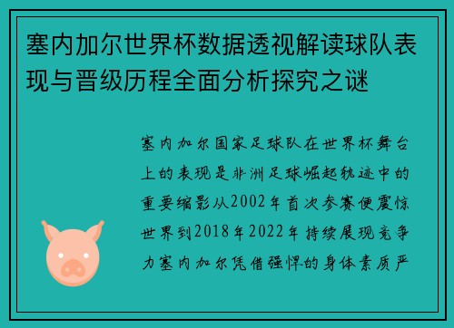 塞内加尔世界杯数据透视解读球队表现与晋级历程全面分析探究之谜